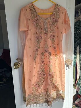Pakistani Embellished Peach Floral Dress - OPEN TO ALL OFFERS